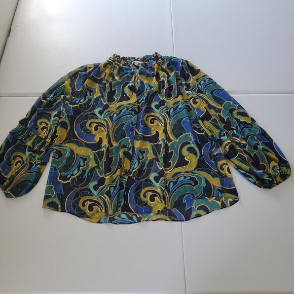 Chico's Blouse Womens 20 Blue Green Metallic Ruffle Neck Puff Sleeve Sheer Boho - Picture 1 of 9